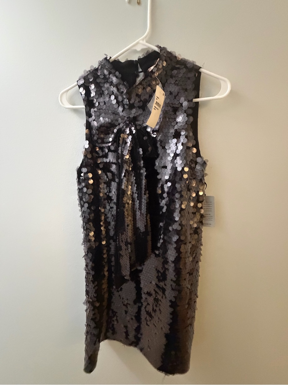 Sequin Tie-Neck Mini Dress in Black